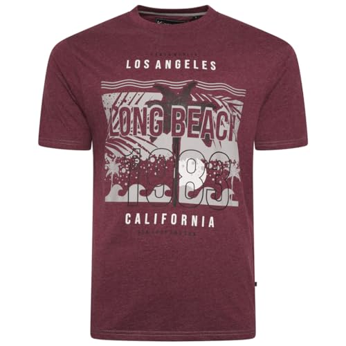 KAM Long Beach T-Shirt Graphic Print Short Sleeve Crew Neck California Casual Mens Plus Size 2XL-8XL 5729 (UK, Alpha, 6XL, Plus, Regular, Burgundy Marl)