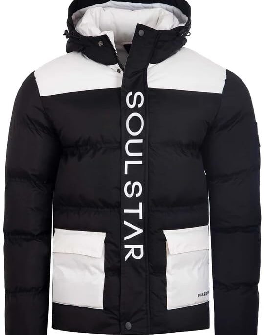 Soulstar Mens Winter Puffer Jacket with Hood � Full Zip & Velcro Closure, 2 Front Velcro Pockets � Casual Quilted Coat, Black Colour, UK Size - L